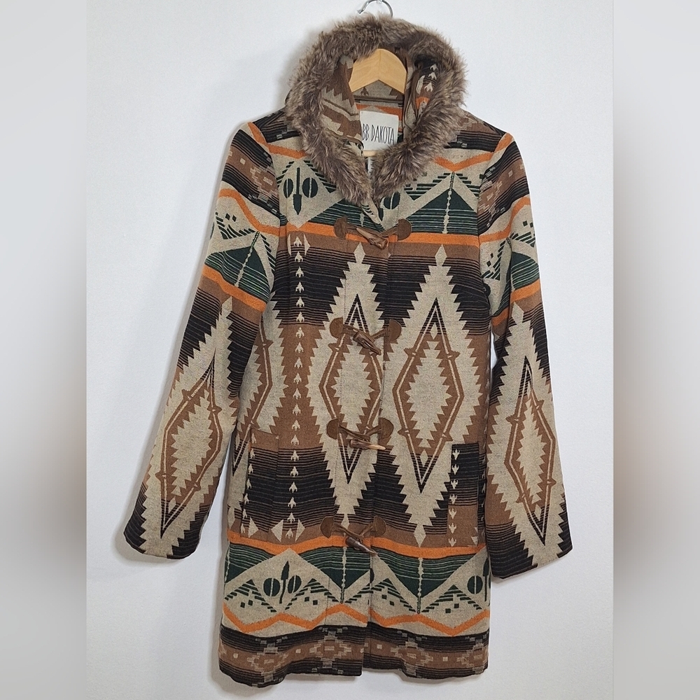 BB Dakota Tribal Pattern Cardigan with Faux Fur Trim